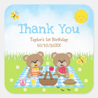 テディベアーズピクニック誕生日ブルーギンガムサンキュー スクエアシール