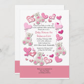 テディベアーズ&ハートバルーンピンク招待状 招待状 (正面/裏面)