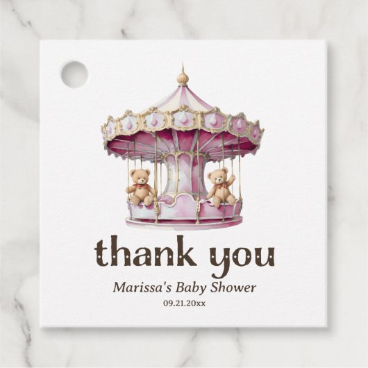 テディベアーツインガールベビーシャワーメッセージカード フェイバータグ (正面)