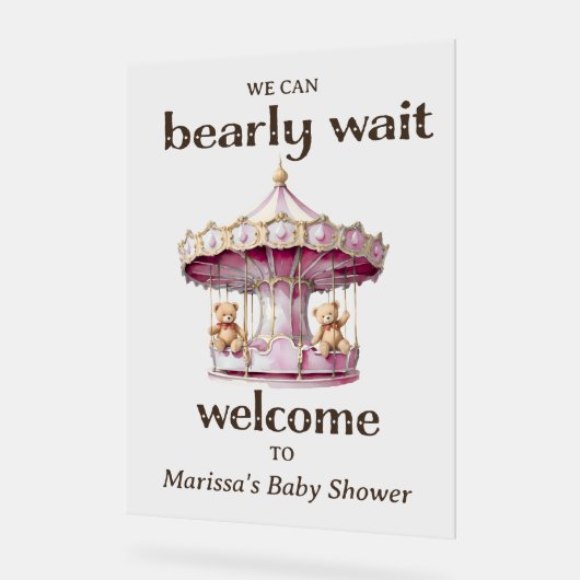 テディベアーツインガール赤ちゃんシャワーへようこそ アクリルサイン (傾斜)