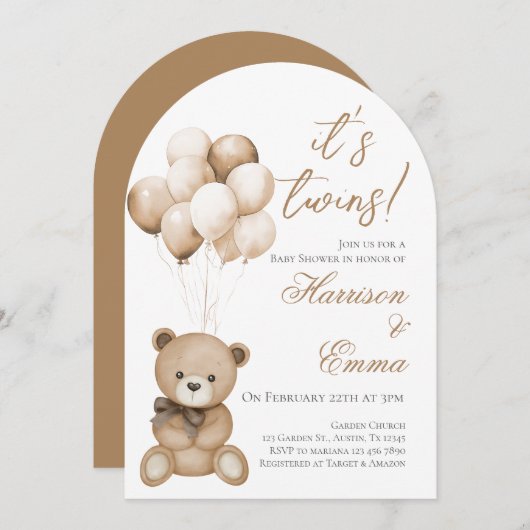 テディベアーツインズベビーシャワー 招待状 (正面/裏面)