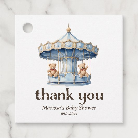 テディベアーツインボーイ赤ちゃんシャワーメッセージカード フェイバータグ (正面)