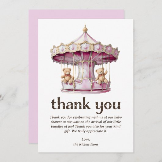 テディベアーツイン女子ベビーシャワー サンキューカード (正面/裏面)