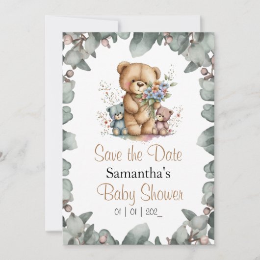 テディベアーツツインズウォーターカラー日付 招待状 (正面)