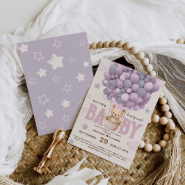 テディベアーバイオレットピンク赤ちゃんガールシャワー 招待状