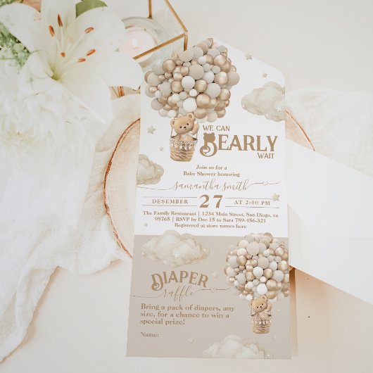 テディベアーバルーンバーリーウェイニュートラルベビーシャワー オールインワン招待状
