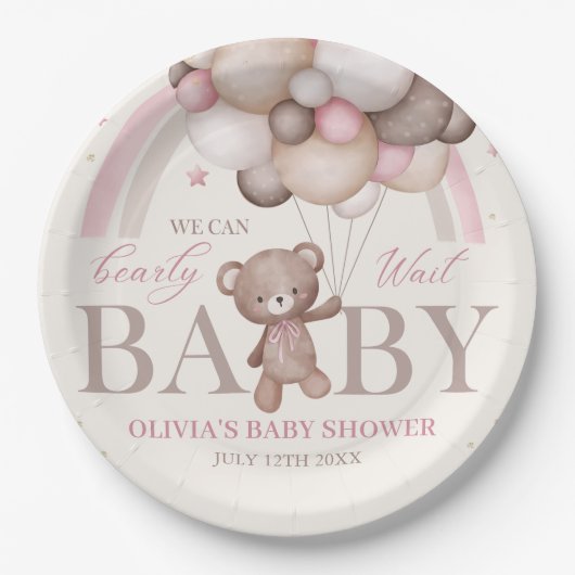 テディベアーバルーンバーリーウェイピンクベビーシャワー ペーパープレート (正面)
