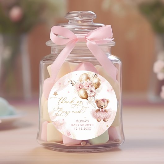 テディベアーバルーンバーリーウェイピンクベビーシャワー ラウンドシール