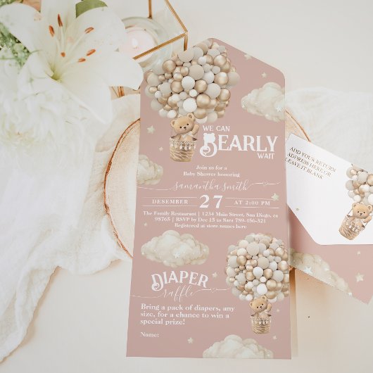 テディベアーバルーンバーリーウェイベビーガールシャワー オールインワン招待状