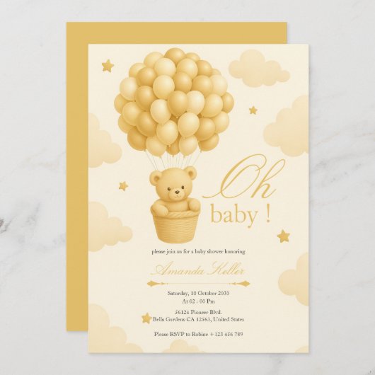テディベアーバルーンベビーシャワー 招待状 (正面/裏面)