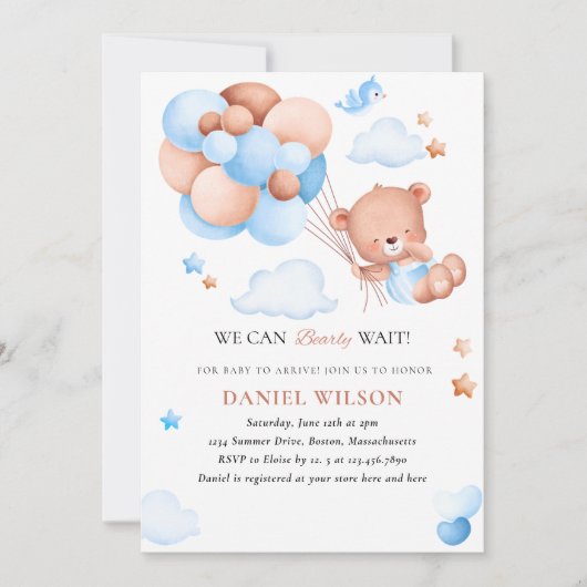 テディベアーバルーン我々は赤ちゃんシャワーを待つことができる 招待状 (正面)