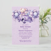テディベアーパープルバルーン車の女の子ベビーシャワー 招待状 (スタンド正面)