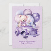 テディベアーパープルバルーン車の女の子ベビーシャワー 招待状 (裏面)