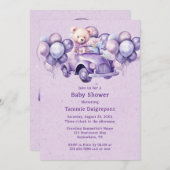 テディベアーパープルバルーン車の女の子ベビーシャワー 招待状 (正面/裏面)