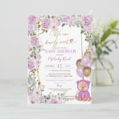 テディベアーパープルフローラバルーン女の子ベビーシャワー 招待状 (スタンド正面)