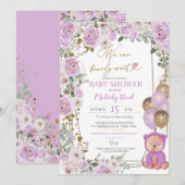 テディベアーパープルフローラバルーン女の子ベビーシャワー 招待状 (正面/裏面)