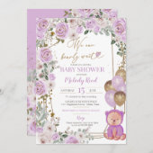テディベアーパープルフローラバルーン女の子ベビーシャワー 招待状 (正面/裏面)