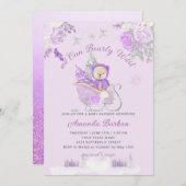 テディベアーパープルフローラバーリー待ちベビーシャワー 招待状 (正面/裏面)