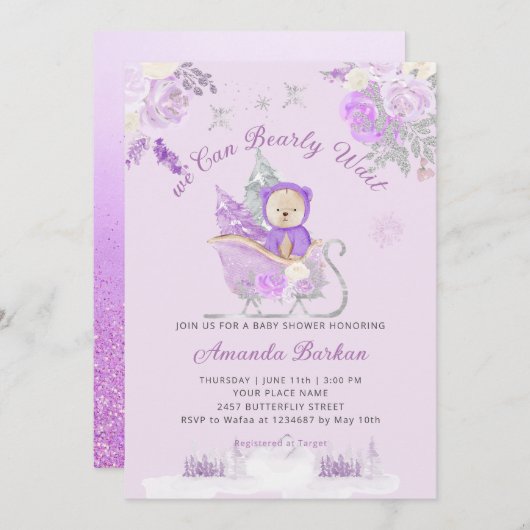 テディベアーパープルフローラバーリー待ちベビーシャワー 招待状 (正面/裏面)
