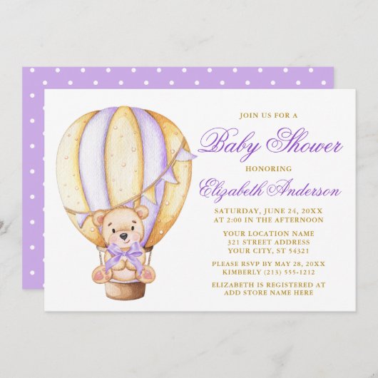 テディベアーパープルボウ風船ドット赤ちゃんシャワー 招待状 (正面/裏面)