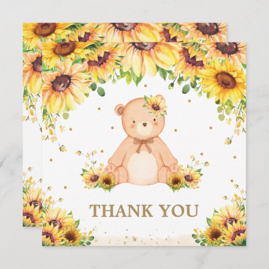 テディベアーヒマワリフローラベビーシャワー誕生日T サンキューカード (正面/裏面)