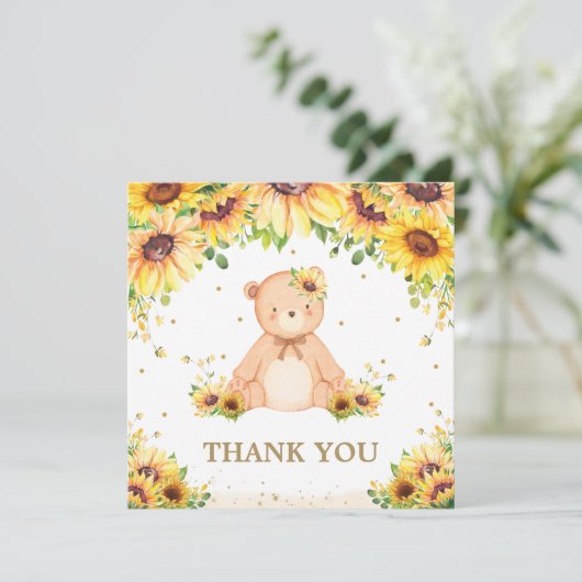 テディベアーヒマワリフローラベビーシャワー誕生日T サンキューカード (スタンド正面)