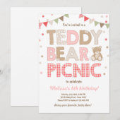 テディベアーピクニックガールバースデー招待状ピンク 招待状 (正面/裏面)
