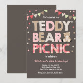 テディベアーピクニックガールバースデー招待状ピンク 招待状 (正面/裏面)