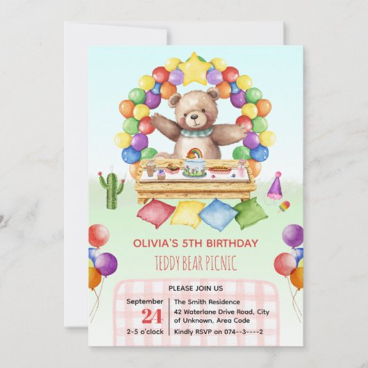 テディベアーピクニックチルドレンと子供の誕生日 招待状 (正面)
