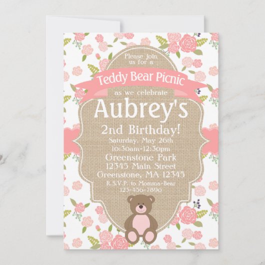 テディベアーピクニックバースデーパーティーの招待 招待状 (正面)