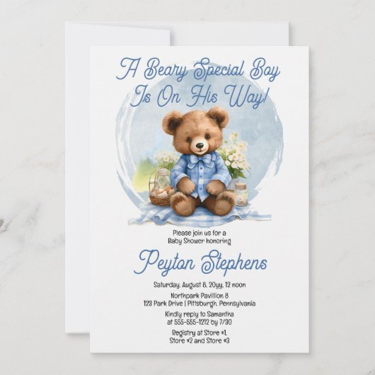 テディベアーピクニックベイリースペシャル少年ベビーシャワー 招待状 (正面)