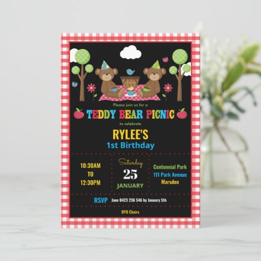 テディベアーピクニック1st誕生日パーティーボーイガール 招待状 (スタンド正面)