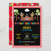 テディベアーピクニック1st誕生日パーティーボーイガール 招待状 (正面/裏面)