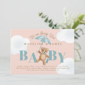 テディベアーピンクとブルービー待ち赤ちゃんシャワー 招待状 (スタンド正面)