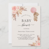 テディベアーピンクのススキの女の子ベビーシャワー 招待状 (正面)