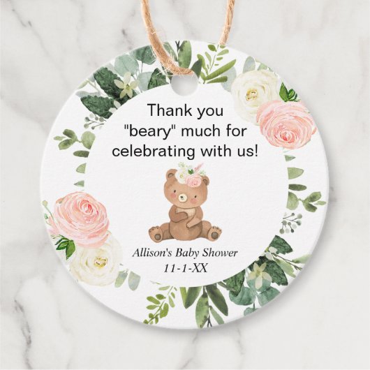 テディベアーピンクのフローラ女の子の赤ちゃん感謝していシャワーユー フェイバータグ (正面)