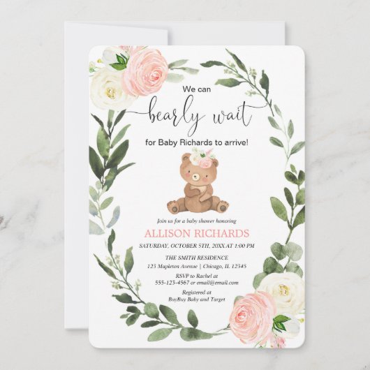 テディベアーピンクの緑のフローラ女の子の赤ちゃんシャワー 招待状 (正面)