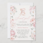 テディベアーピンクの花女の子ベビーシャワー 招待状 (正面)