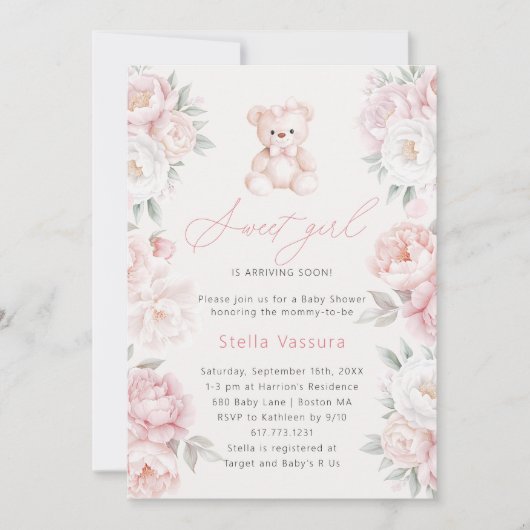 テディベアーピンクの花女の子ベビーシャワー 招待状 (正面)