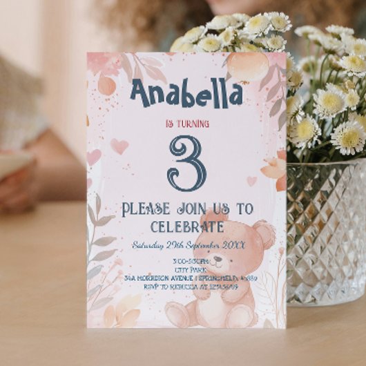 テディベアーピンクガール誕生日パーティー 招待状