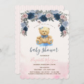 テディベアーピンクストライプ色ベビーシャワー 招待状 (正面/裏面)