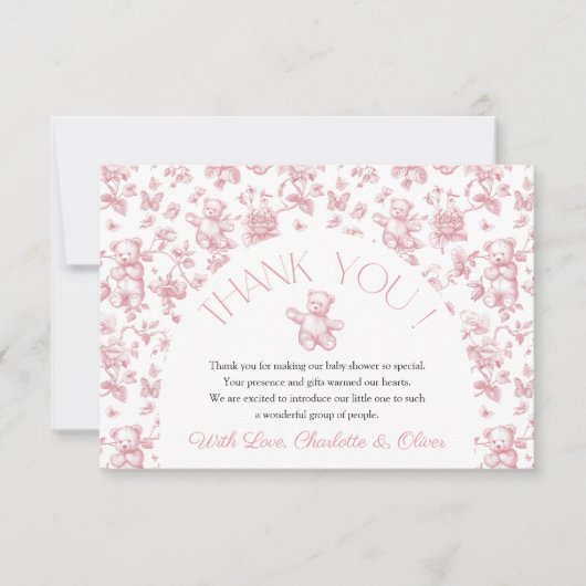 テディベアーピンクトイレベビーシャワーサンキューカード 招待状 (正面)