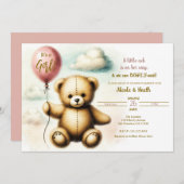 テディベアーピンクバルーンバーリー待ちベビーシャワー 招待状 (正面/裏面)