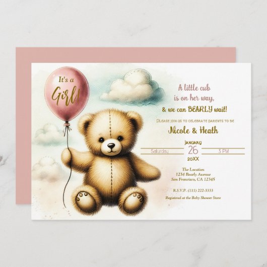 テディベアーピンクバルーンバーリー待ちベビーシャワー 招待状 (正面/裏面)