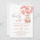 テディベアーピンクバルーンバーリー待ちベビーシャワー 招待状 (正面)