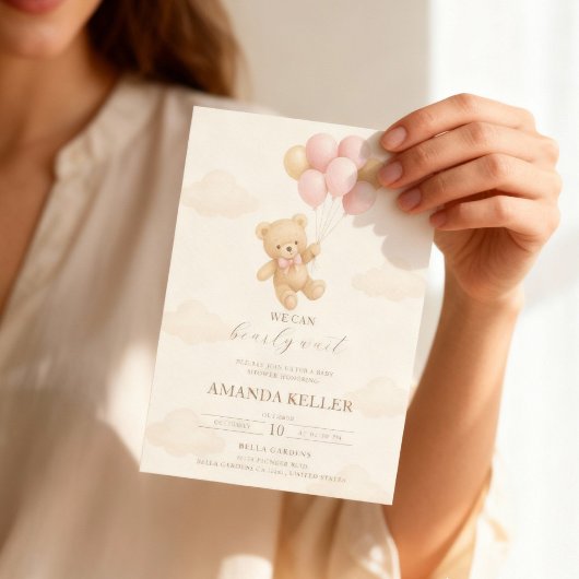 テディベアーピンクバルーンベビーシャワー 招待状