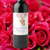 テディベアーピンクバルーン女の子の誕生日パーティー ワインラベル