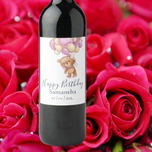 テディベアーピンクバルーン女の子の誕生日パーティー ワインラベル