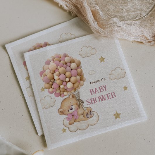 テディベアーピンクバルーン赤ちゃんガールシャワーデコール スタンダードカクテルナプキン