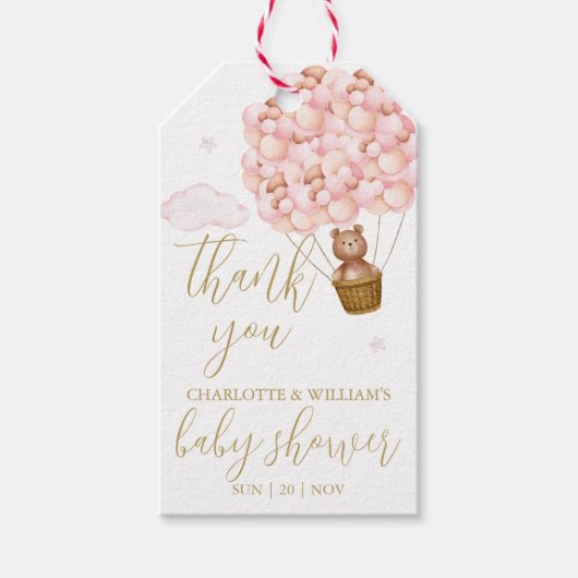 テディベアーピンクバルーン赤ちゃんシャワーありがとう ギフトタグ (正面)